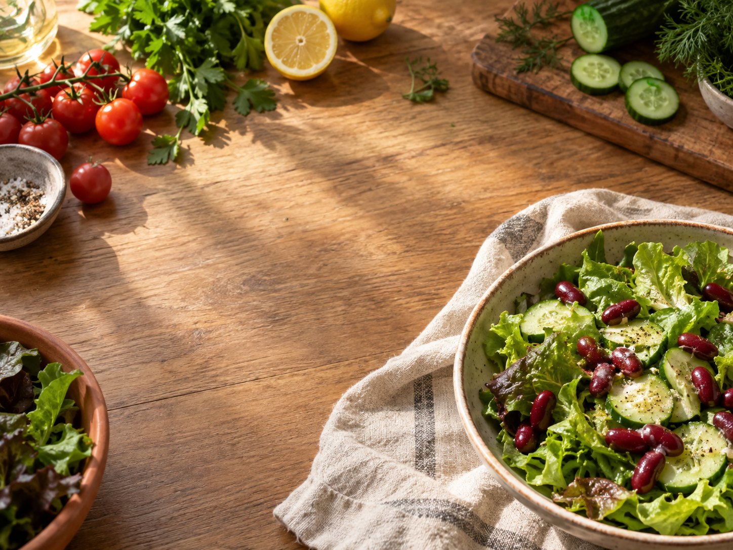 A fresh kidney bean, cucumber and lettuce salad on a sunny wooden table with tomatoes, lemon and herbs